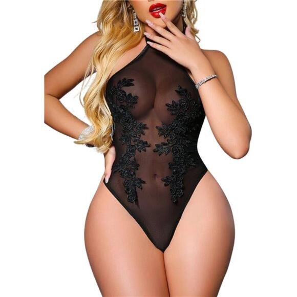 Women Teddy Lingerie Sexy Mesh Bodysuit Black - Picture 1 of 5